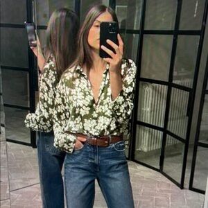 Zara Floral Button-Front Women's Top in Olive Green